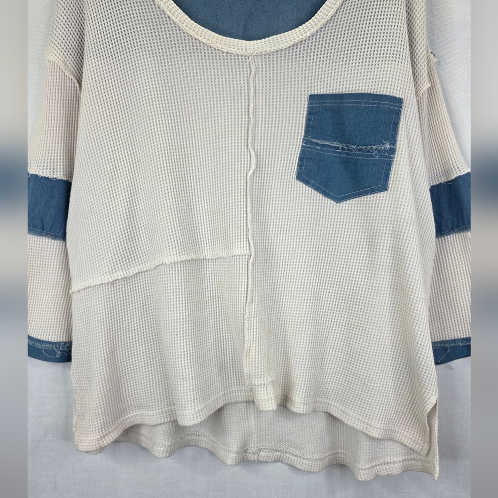 POL Women's Colorblock Waffle Knit  Round Neck Long Sleeve Boho Cottage Core  L - Picture 3 of 15